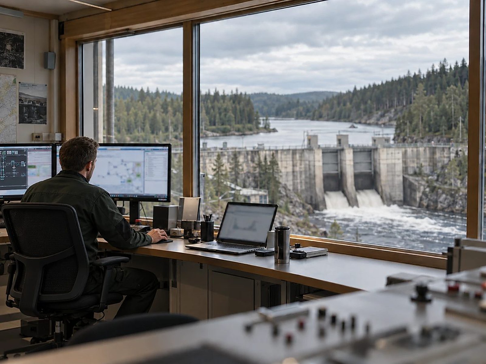 Engineer in the control room of a hydropower station overlooking the dam and the river