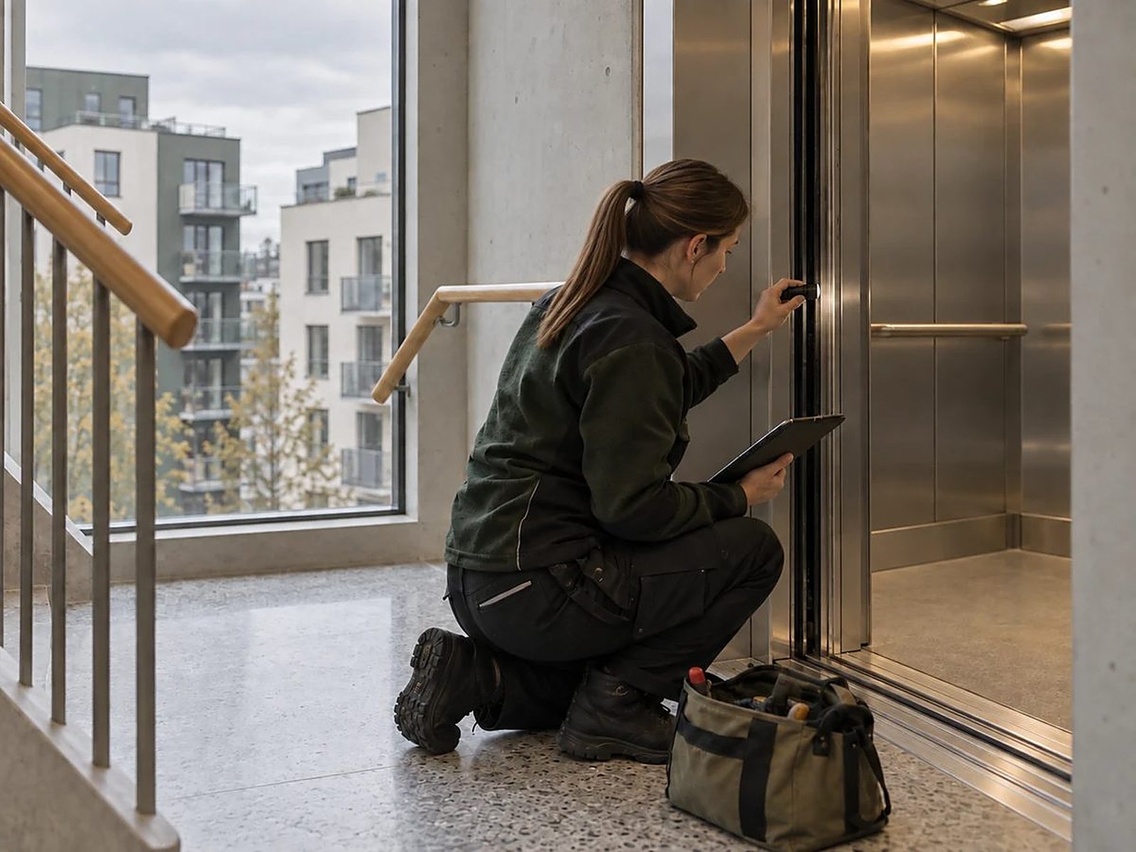 Lift inspector checking the landing doors in the stairwell of a newly built apartment building