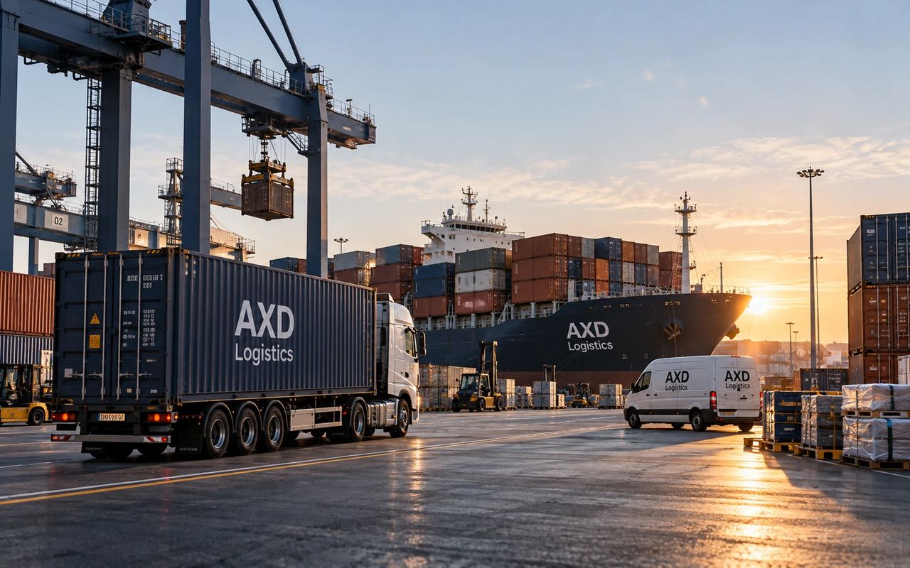 An AXD Logistics truck at a container port with cranes